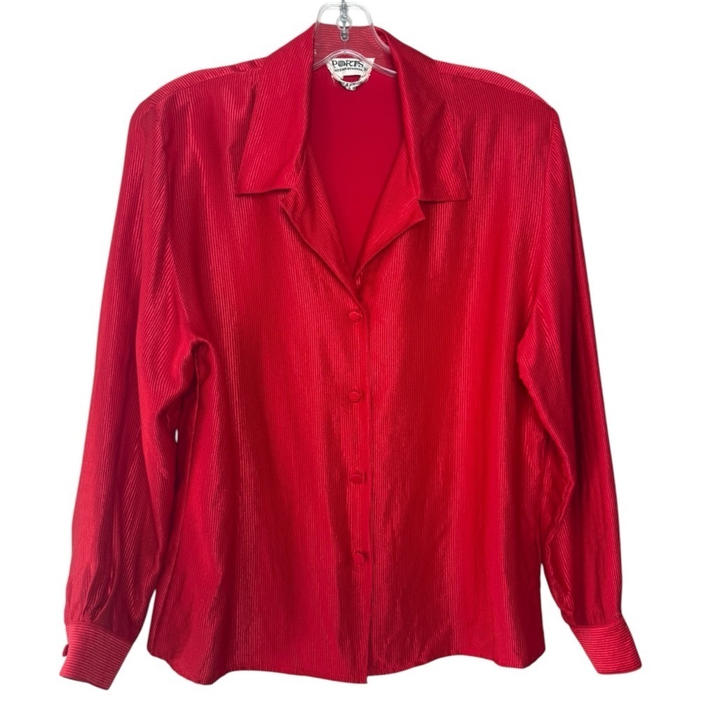 Vintage Silk Tonal Pinstripe Shirt Blouse Size Medium Red 80s 90s Ports